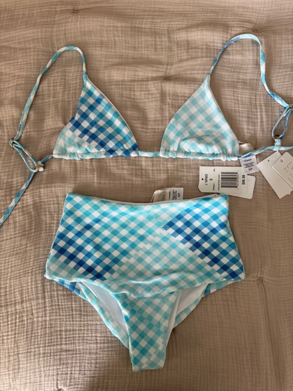 NWT LSpace Brittany Portia:Bikini Blue Gingham High-Waist Bikini Set Size Small